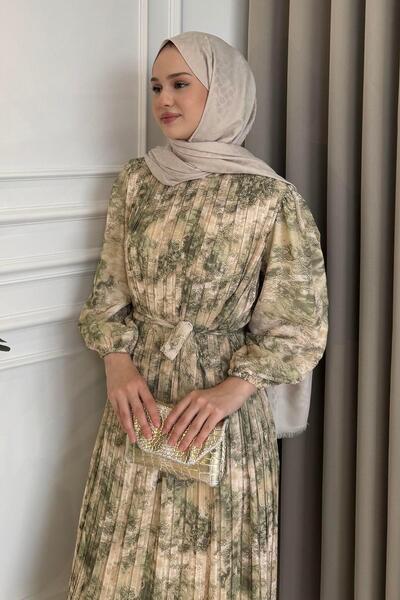 Beige Store Piliseli Desenli Elbise Küf Yeşili