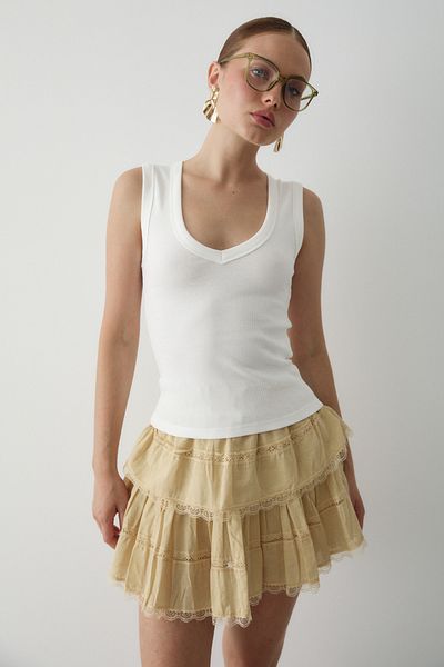 Laluvia Light Ecru V-Neck Ribbed Blouse - 251024