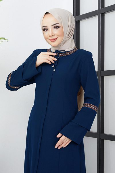 hafsamina Plus Size Embroidery Detailed Ferace Indigo Hm2032