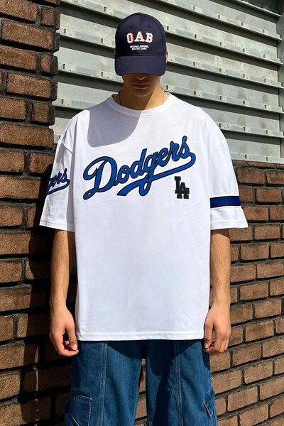 Cool mans تي شيرت أبيض برقبة دائرية كبير الحجم مطبوع عليه Dodgers للجنسين