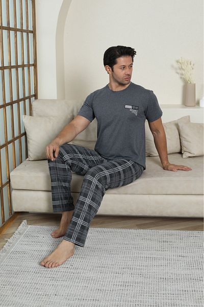LİLA İÇ GİYİM Men's Plaid Combed Cotton Short Sleeve Pajama Set