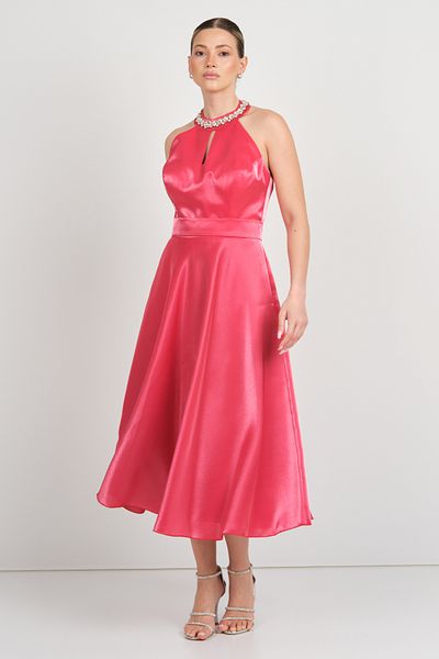 Saygın Γυναικείο βραδινό φόρεμα Halter Neckline Satin Midi 5624 Κόκκινο