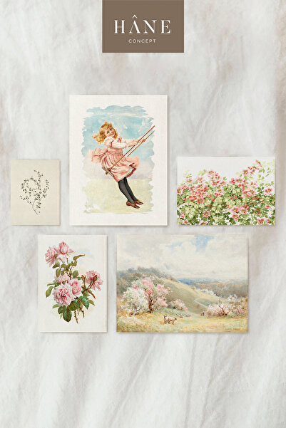 Hane Concept 5'li Çiçek ve Kız Baskı Seti, Vintage Galeri Duvarı, Açık Renkli...