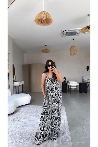 Buket Teke Black Ethnic Patterned Viscose Pocket Slit Dress