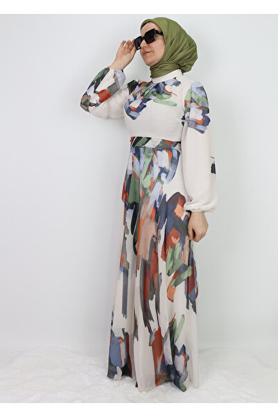 Levidor 330190 ELBİSE DESENLİ KUŞAKLI KOL UCU LASTİKLİ ŞİFON ELİBSE QYS ELBİSE #24-073