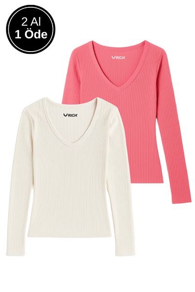 Rich Women's 2-Pack White-Pink Basic Pack Cotton Breathable Fabric - Body Hugging Long Sleeve Blouse