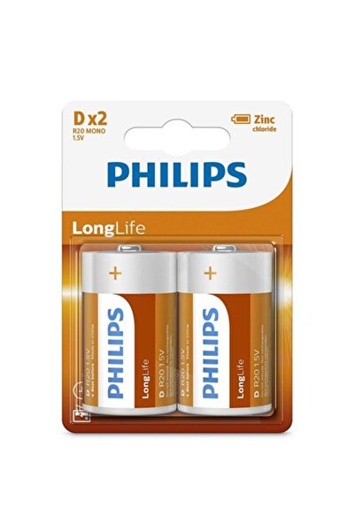 Philips Baterii alcaline LongLife R20 D, Pachet de 2, Ambalaj blister