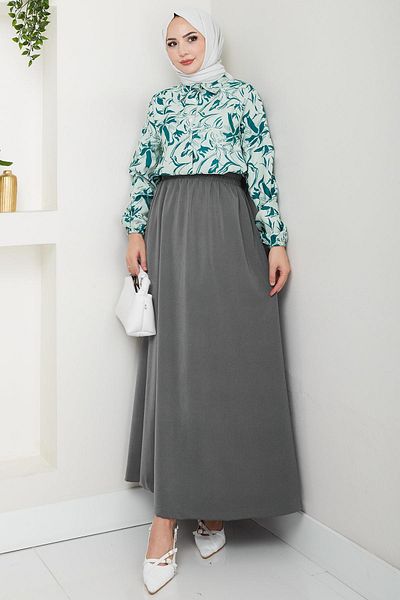 hafsamina Floral Patterned Skirt Suit Green Hm2739