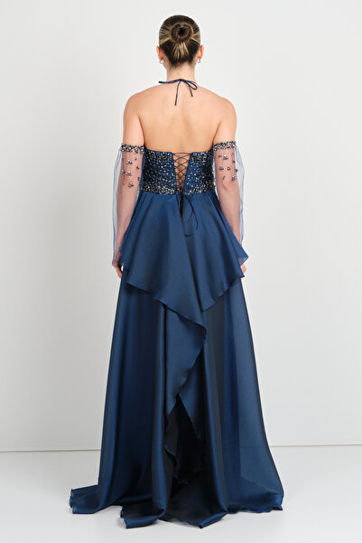 Saygın Women's Halter Neck Maxi Evening Dress with Gloves 5641 Navy Blue