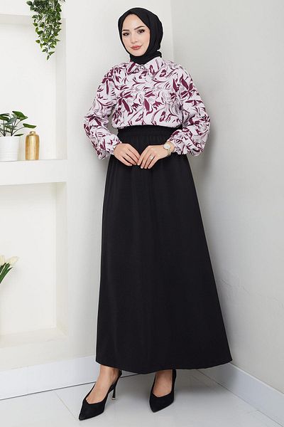 hafsamina Floral Patterned Skirt Suit Plum Hm2739