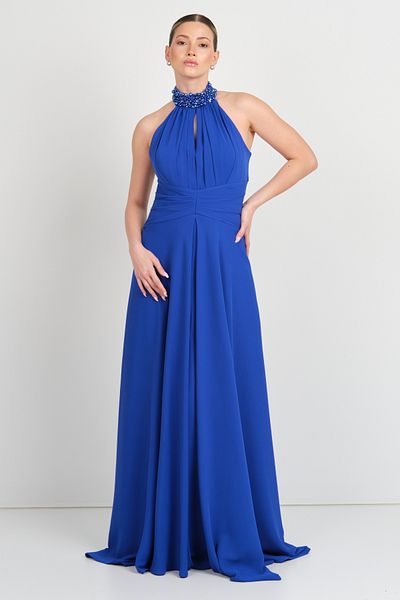 Saygın Women's Halter Neckline and Collar Stone Detailed A-Line Maxi Evening Dress 5619 Saks