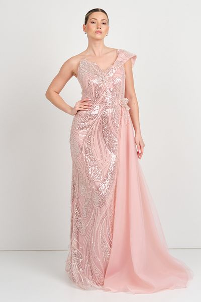 Saygın Women's Full Stone and Sequined One Shoulder Detailed Maxi Evening Dress 5645 Powder