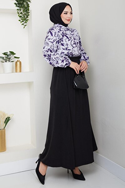 hafsamina Çiçek Desenli Etekli Takım Mor HM2739