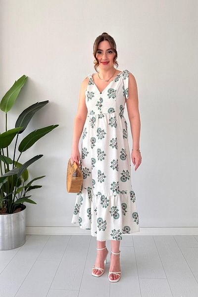 MaziButik Φόρεμα με λουλούδια με δέσιμο ώμου Πράσινο