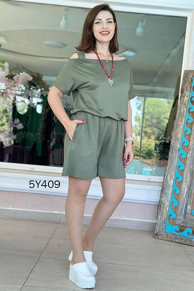 İnce Topuk Off Shoulder Crystal Fabric Jumpsuit 5Y409