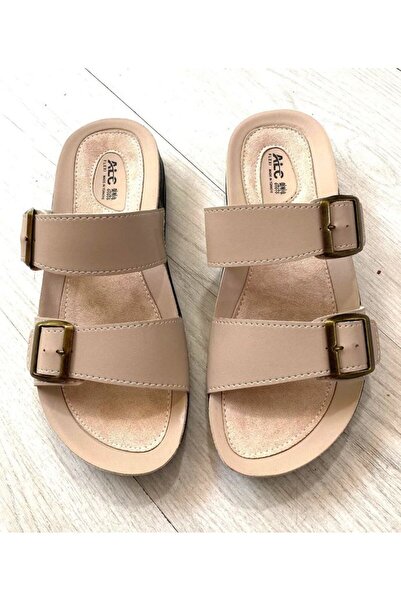 Demashoes Beige Double Buckle Orthopedic Sole Daily Stylish Slippers