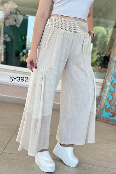 İnce Topuk Mesh Detail Wide Leg Linen Trousers 5Y392
