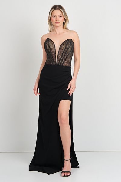 Maxra Govana Women's Strapless Stone Embroidered Maxi Evening Dress 6870 Black