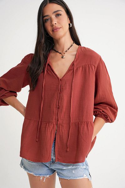 Mixray 4563 Women's Collar Tie Sleeve Elastic Loose Muslin Shirt Tile