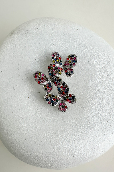 Modex Gümüş Rengi Renkli Taşlı Kelebekler Broş (4cm)