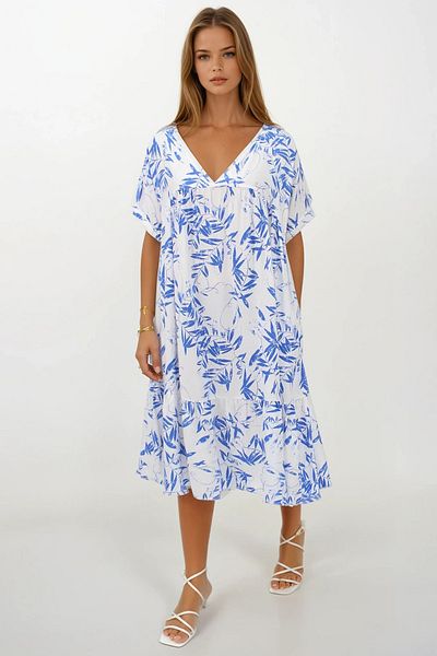 VAGGON Women's Blue Double Breasted Collar Skirt Pleated Midi Length Double Pocket Dress Dress Vs00268