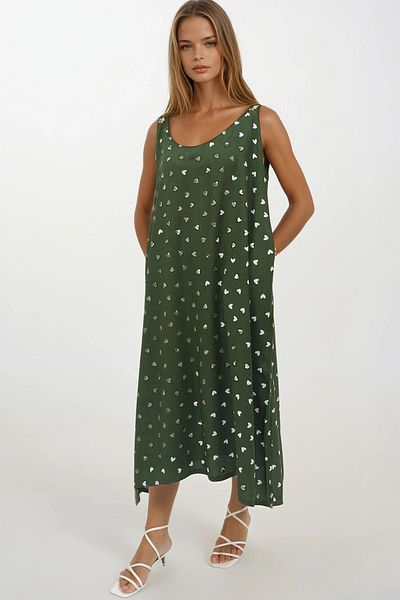 VAGGON Women's Green Double Pocket Relaxed Cut Patterned Dress Vs00271
