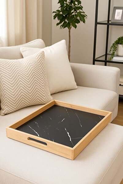 ALLEGRI صينية تقديم فاخرة منقوشة بالرخام الأسود مقاس 35 × 45 سم بإطار من الخي...