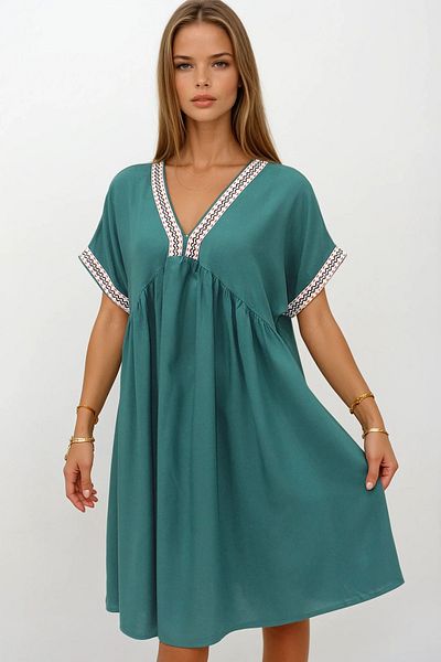 VAGGON Γυναικείο πράσινο φόρεμα με κοντό μανίκι με λαιμόκοψη V με μήκος μίντι Vs00272