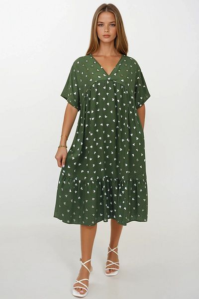 VAGGON Women's Green Double Breasted Collar Skirt Pleated Midi Length Double Pocket Dress Dress Vs00268
