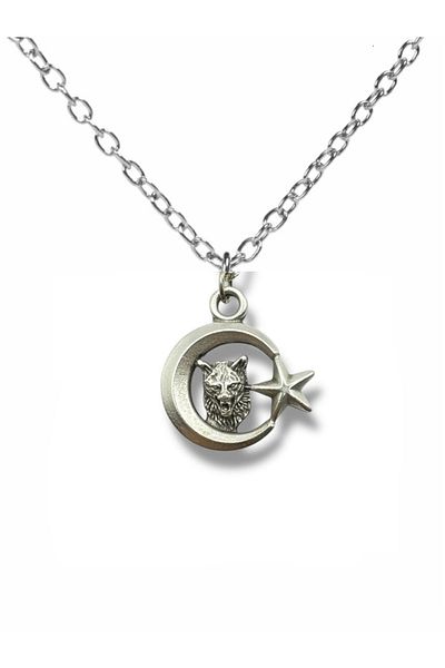 Herşey Nota Moon Star and White Wolf Figured Necklace – Silver Color Turkish Motif Unisex Metal Jewelry