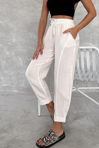 İstangül Butik Cotton Muslin Fabric Balloon Trousers with Leg Cuffs