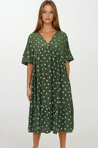 VAGGON Women's Green Double Breasted Collar Skirt Pleated Midi Length Double Pocket Dress Dress Vs00268