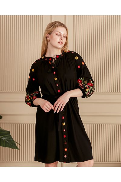 EL jadida Women's Embroidered Belted Buttoned Short Plus Size Viscose Dress Black