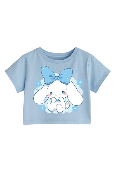 MECH BUTİK Tricou Crop Top pentru fete, cu panglică Cinnamoroll, imprimat roz albastru