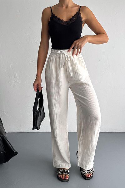 İstangül Butik Cotton Muslin Fabric Tassel Loose Leg Trousers