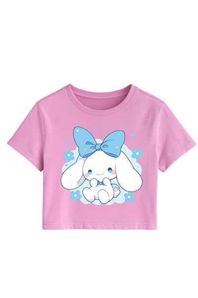 MECH BUTİK Tricou Crop Top pentru fete, cu panglică Cinnamoroll, imprimat roz...
