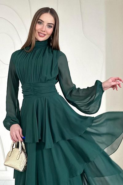 Elbee Fashion Woman Stand Collar Waist Detailed Dress