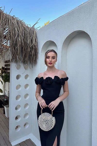 Elbee Fashion Woman Madonna Collar Rose Dress
