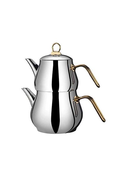 ASPARTAM Çayeli Mini Steel Teapot Set - Gray / Gold - 1.2 Lt + 800 ml