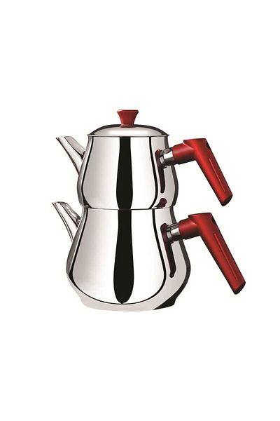 ASPARTAM Çaykara Soft Mini Steel Teapot Set - Gray / Red - 1.2 Lt + 800 ml