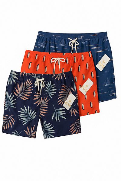 style iconic Men’s Beach Shorts – 3-Piece Summer Set (Leaf, Penguin, Sailboat)