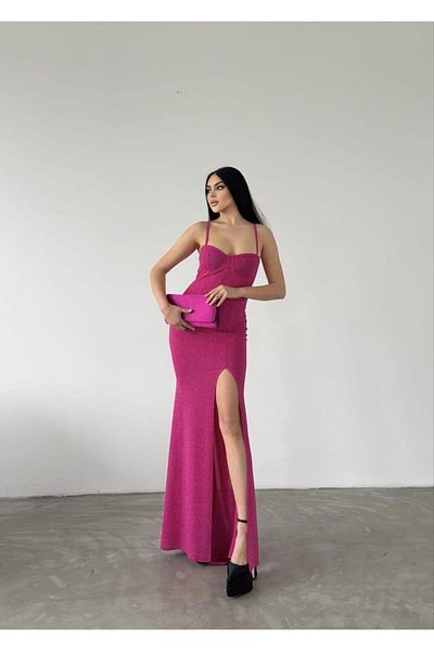 Modafeminen Fukuro Fabric Slit Detail Premium βραδινό φόρεμα φούξια 582419