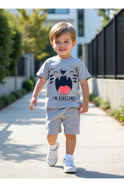 bebekpare Boy's Tshirt-Shorts Set Gray Roarsome
