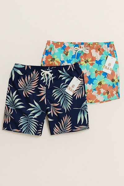 style iconic Men's Printed Beach Shorts – Set of 2 (Tropical Floral & Navy Leaf)