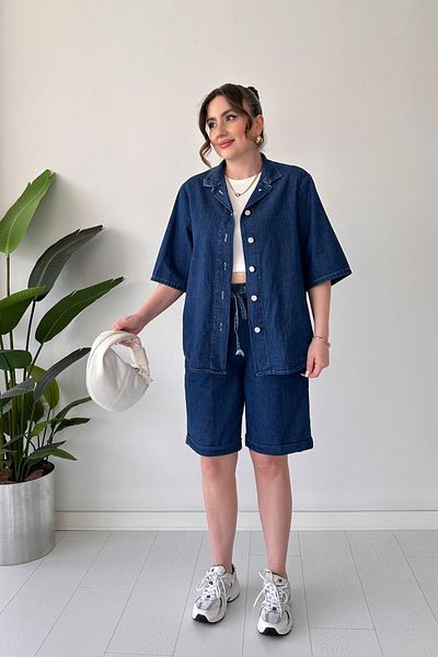 MaziButik Denim Suit with Shorts Navy Blue