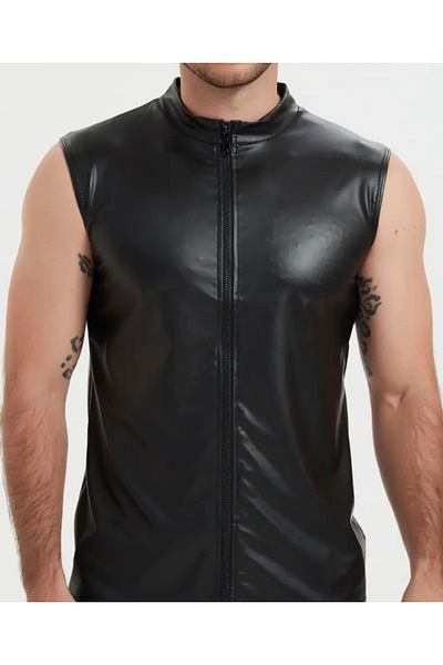 NYC GİYİM TEKSTİL Pu Leather Men's Vest Zipper Closure Stand Collar