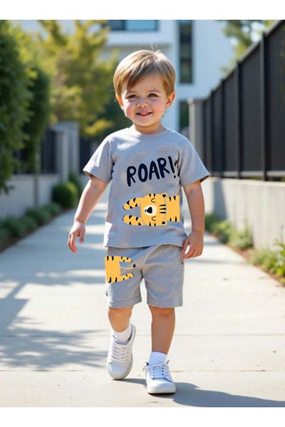 bebekpare Boy's Tshirt-Shorts Set Gray Tiger