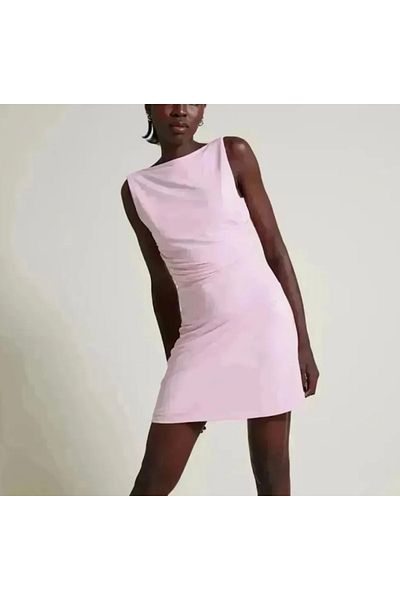 Vera Tekstil Women'S, Pink Deep Back Low-Cut Stylish Mini Dress