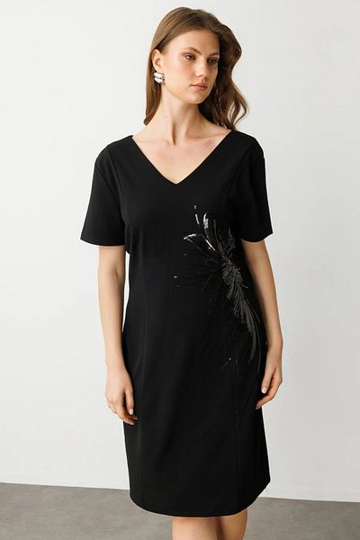 Ekol V-Neck Short Sleeve Plus Size Dress Black-5954
