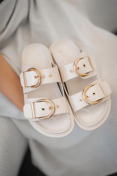 Parponi Desmond Thick Sole Buckle Leather Women's Slippers Beige